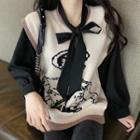 Printed Knit Vest / Long-sleeve Bow Accent Blouse