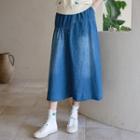 Waistband Denim Long Skirt Blue - One Size