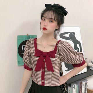 Puff-sleeve Bow-front Check Blouse