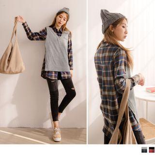 Lettering Plaid Panel Mock Two Piece Top