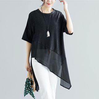 Elbow-sleeve Chiffon Panel Top Black - One Size