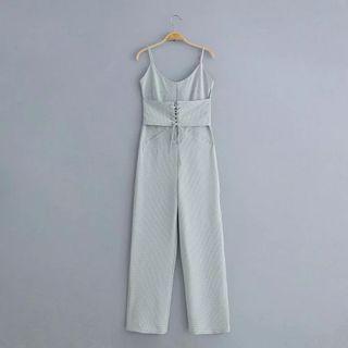 Spaghetti Strap Plaid Lace-up Straight Leg Jumpsuit