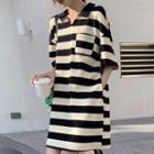 Elbow-sleeve Polo-neck Striped Cropped T-shirt / T-shirt Dress