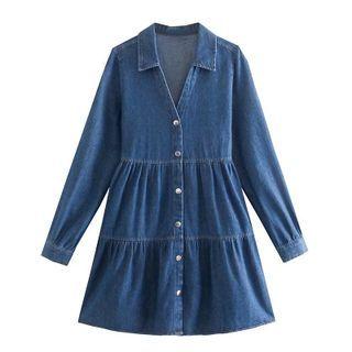 Button-up A-line Tiered Denim Dress