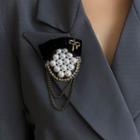 Faux Pearl Alloy Chain Brooch Black & White & Gold - One Size