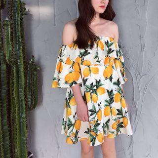 3/4-sleeve Off-shoulder Chiffon Mini Dress