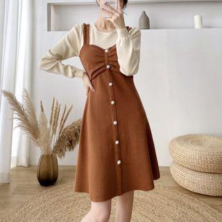 Mock Two-piece Long-sleeve Faux Pearl A-line Dress