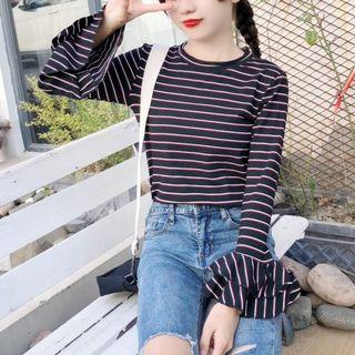 Striped Frill Trim Long Sleeve T-shirt