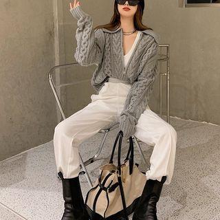 Plain Zip Cable-knit Sweater / High-waist Jogger Pants