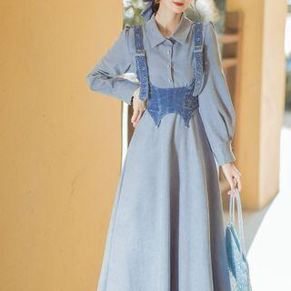 Set: Long-sleeve A-line Dress + Sleeveless Denim Top