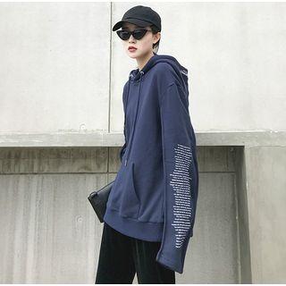 Loose-fit Lettering Hooded Long Pullover Navy Blue - One Size