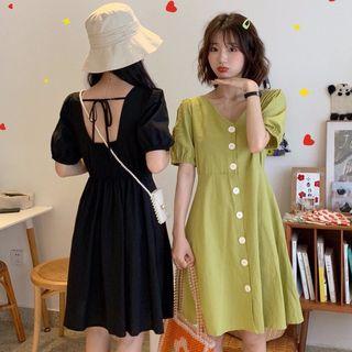V-neck Single-breasted Short-sleeve A-line Dress