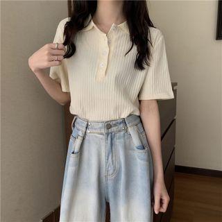 Elbow-sleeve Polo-neck Knit Top