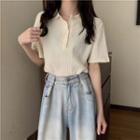 Elbow-sleeve Polo-neck Knit Top