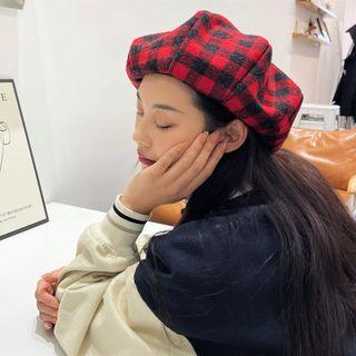 Plaid Beret Hat Plaid - Red - M