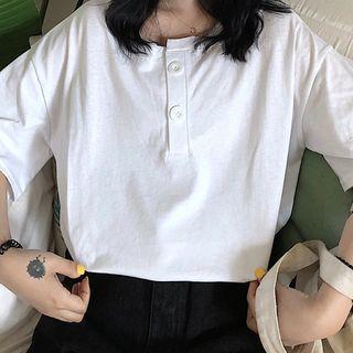 Elbow-sleeve Half Button T-shirt
