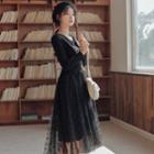 Long-sleeve Bow Print Mesh Panel Midi A-line Dress Black - One Size