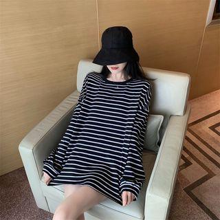 Long-sleeve Round Neck Striped T-shirt Black - One Size
