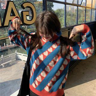 Turtleneck Heart Print Sweater Red & Blue - One Size