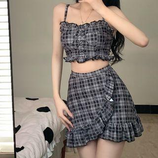 Set: Plaid Swim Camisole Top + Swim Skirt