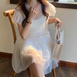 Short-sleeve Beaded Mesh Smock Dress
