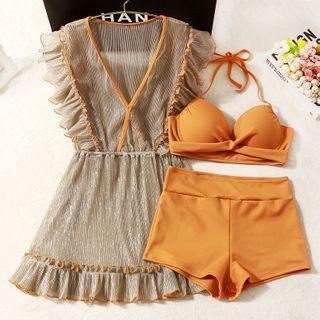 Set: Plain Bikini + Glitter Ruffled Cover-up Dress