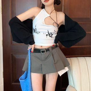 Lace-up Printed Camisole Top / Long-sleeve Cropped Cardigan