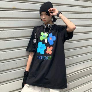 Short-sleeve Round Neck Flower Lettering T-shirt