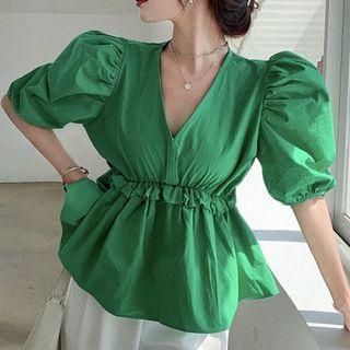 Puff-sleeve V-neck Peplum Blouse