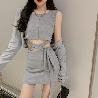 Cropped Zip-up Hoodie / Crisscross Tank Top / Mini Pencil Skirt / Set