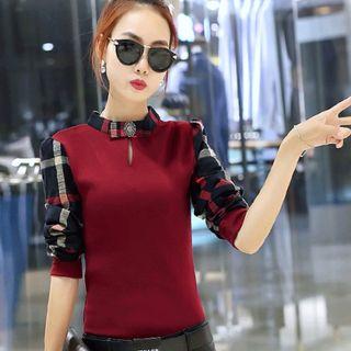 Plaid Panel Fleece-lined Long-sleeve Top