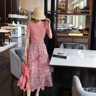 Set: Tie-back Short-sleeve Knit Top + Flower Print Midi A-line Skirt