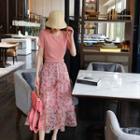 Set: Tie-back Short-sleeve Knit Top + Flower Print Midi A-line Skirt