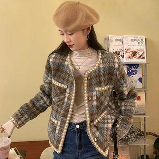 Plaid Color Block Button-up Jacket Blue & White & Brown - One Size