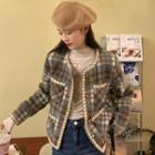 Plaid Color Block Button-up Jacket Blue & White & Brown - One Size