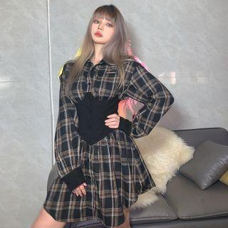 Long-sleeve Plaid Corset Shirt Dress