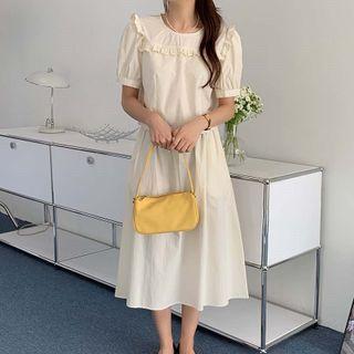 Set: Short-sleeve Ruffled Blouse / Midi A-line Skirt Blouse - Light Almond - One Size / Skirt - Light Almond - One Size