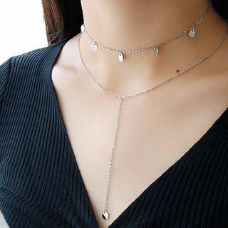 925 Sterling Silver Disc Layered Y Necklace Platinum - One Size