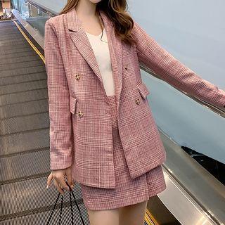 Set: Plaid Double-breasted Blazer + High-waist Mini Straight-fit Skirt
