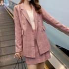 Set: Plaid Double-breasted Blazer + High-waist Mini Straight-fit Skirt