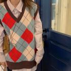 Color-block V-neck Argyle Knit Vest/ Pinstripe Shirt