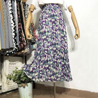 Floral Print Pleated Midi A-line Skirt