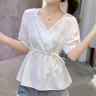 Elbow-sleeve Tie Waist Frill Trim Top