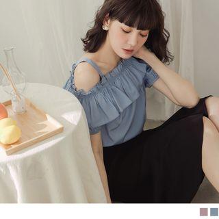Asymmetric Shoulder Ruffle Short-sleeve Top