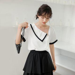 Short-sleeve Contrast Trim Asymmetric Top