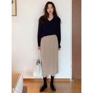 Band-waist Slit-side Long Skirt One Size
