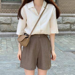 Elbow-sleeve Open-collar Shirt / Linen Blend Wide-leg Shorts
