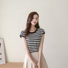 Cap-sleeve Striped Knit Top Black - One Size