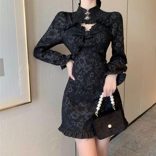 Long-sleeve Frill Trim Cutout Mini Sheath Qipao Dress
