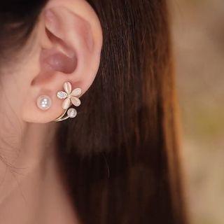 Flower Faux Pearl Alloy Earring Eh1374 - 1 Pair - Gold & Beige - One Size